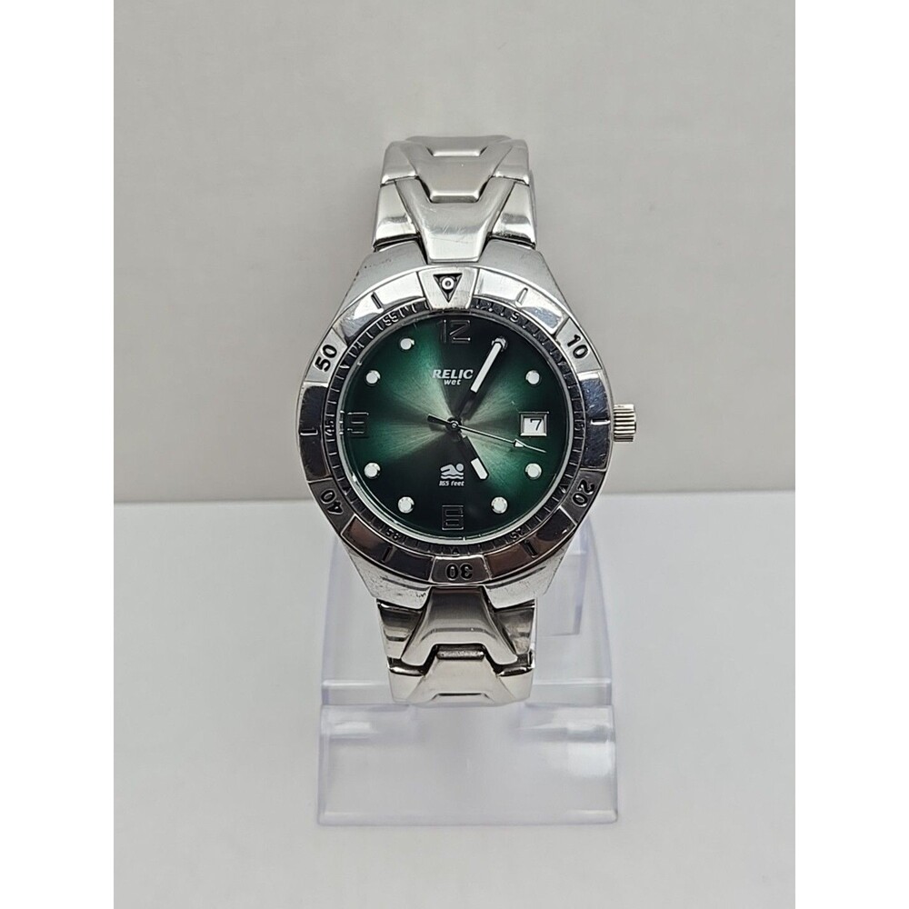 Relic Wet by Fossil Mens Green Dial Silver Stainless Date Watch New Battery 50M